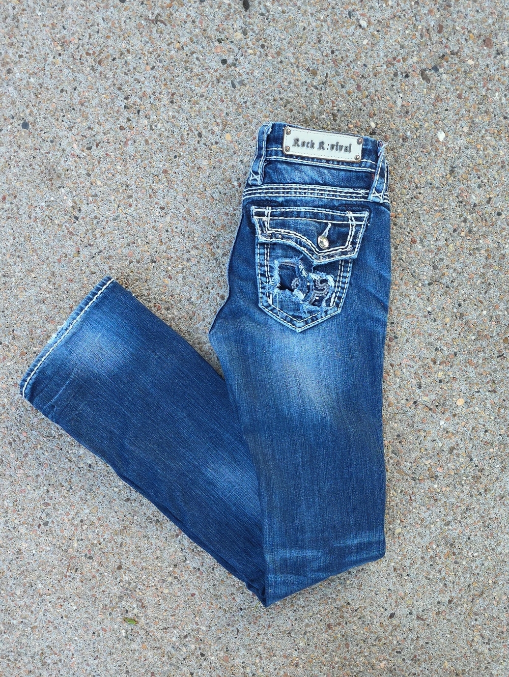 Rock Revival Kai Low Rise Distressed Embellished Bootcut Denim Jeans Size 25